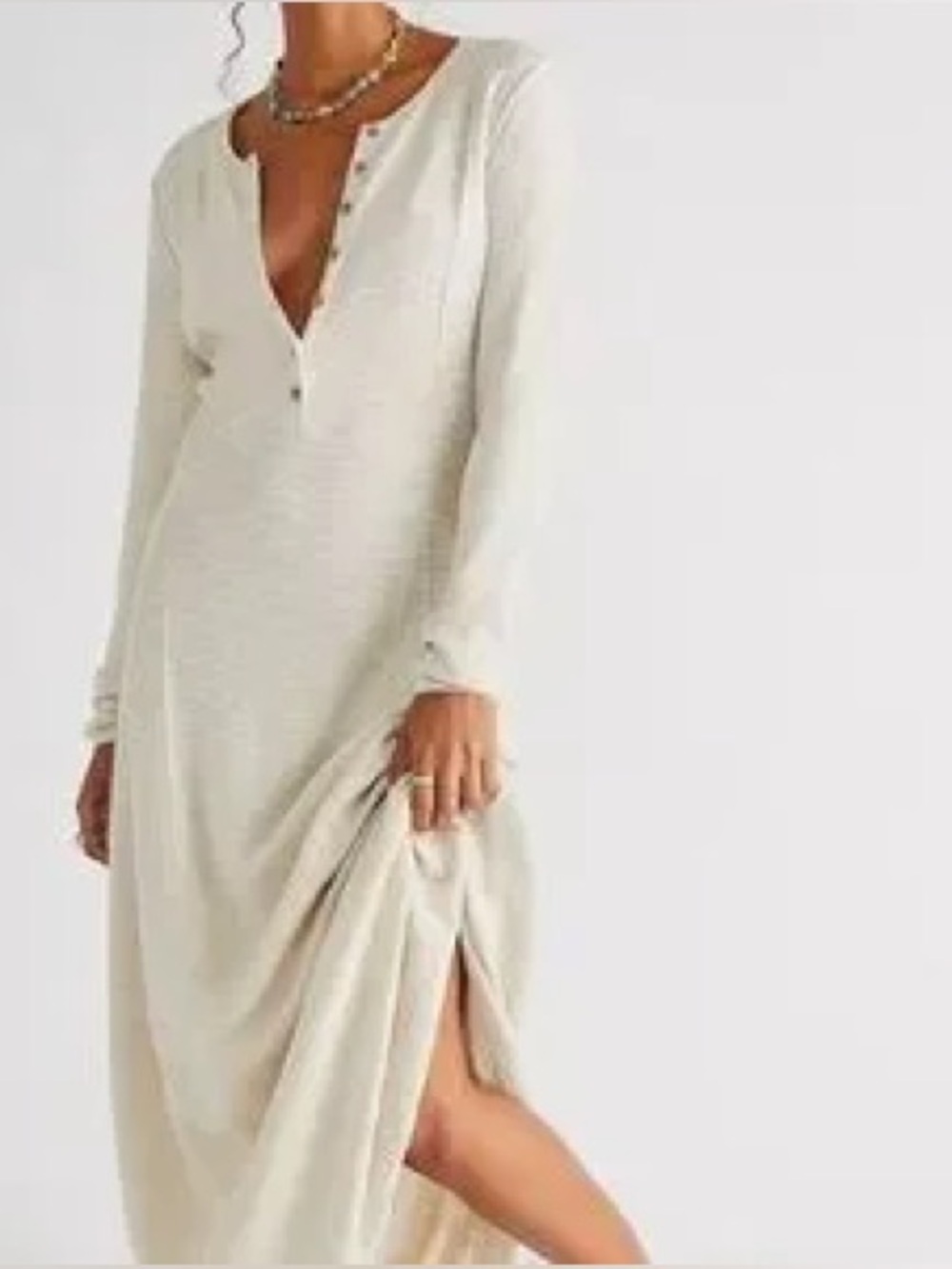 FP Free People Beach El Topo Beige Cotton Henley Maxi Long Sleeve Dress